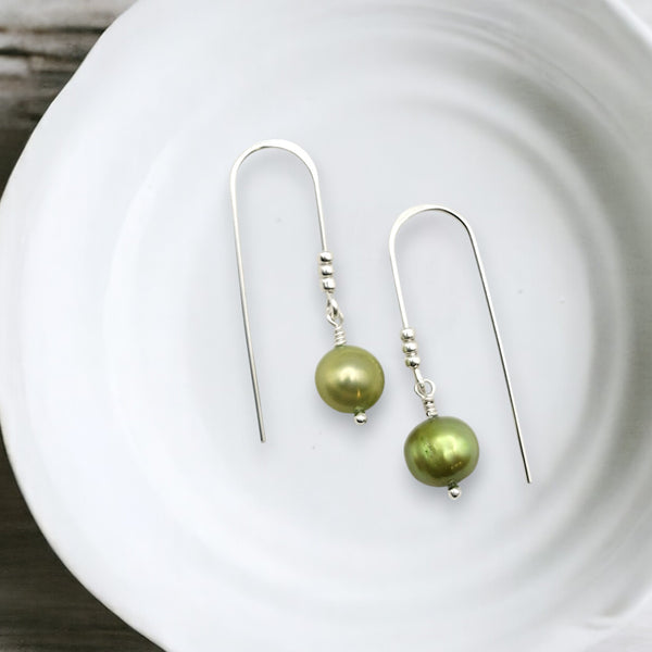 Pearl - Silver & Dark Lime Green Threaders Earrings Bijou by SAM