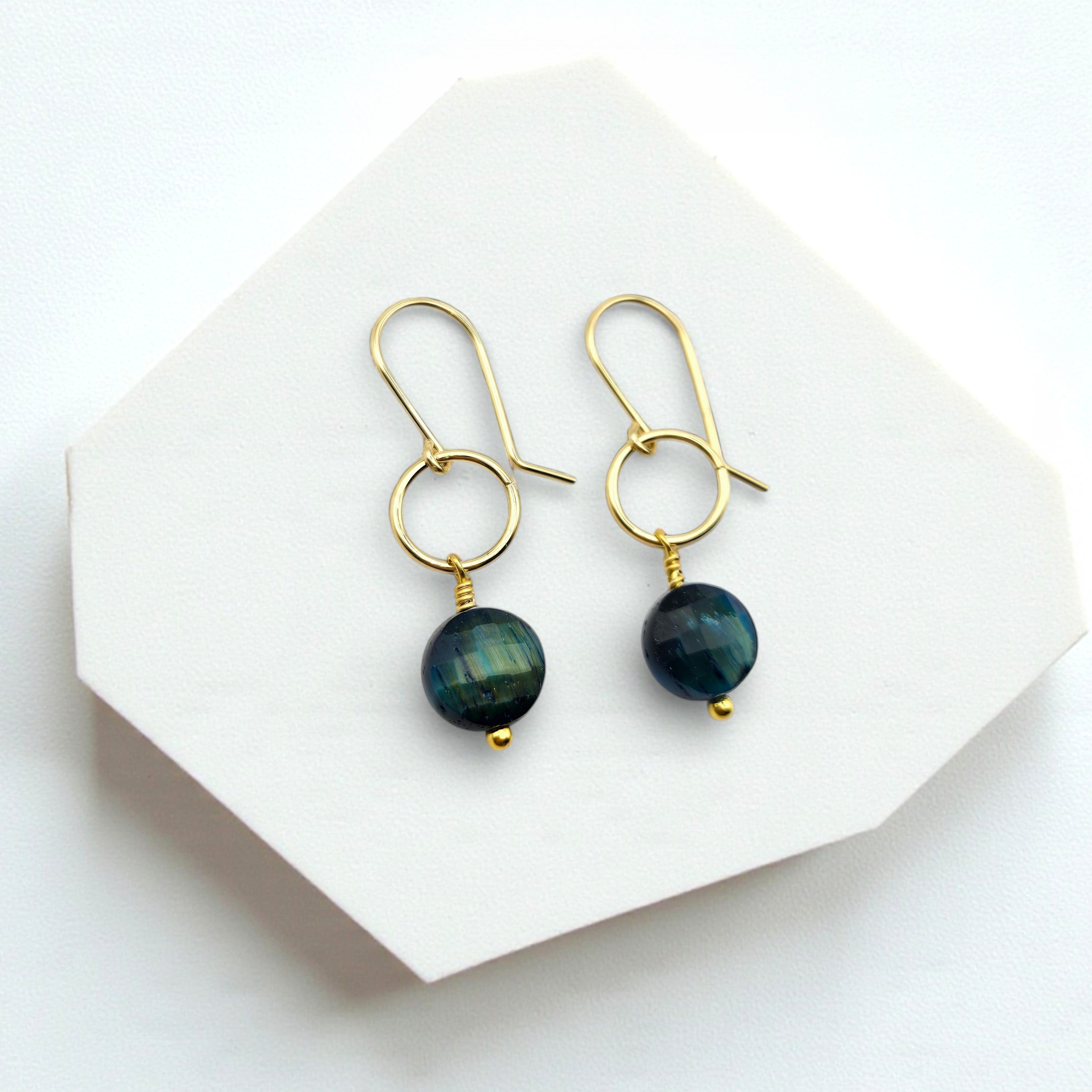 Coin - Gold and Blue Tigers Eye Dangle Earrings Earrings Bijou by SAM Gold Fill