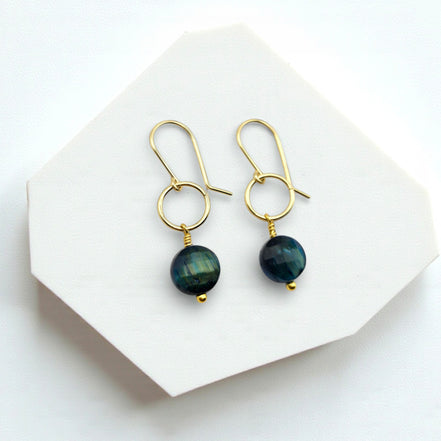 Coin - Gold and Blue Tigers Eye Dangle Earrings Earrings Bijou by SAM Gold Fill