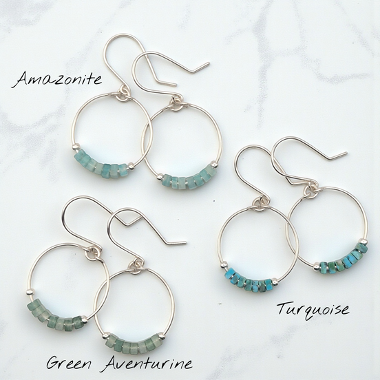 Small Gemstone Hoops - Ocean Sunset Earrings Bijou by SAM Sterling Silver Amazonite