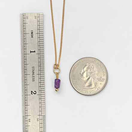 Gold necklace with a purple pendant next to a ruler and a coin for scale on a white background