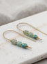 Gold earrings with green beads on a marble surface