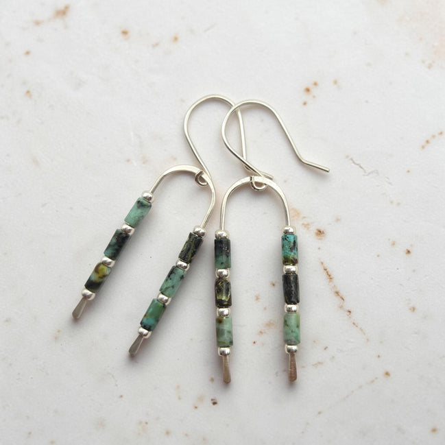 silver wishbone style earrings featuring dark green  african turquoise beads