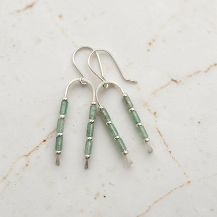 silver wishbone style earrings featuring green aventurine gemstone beads