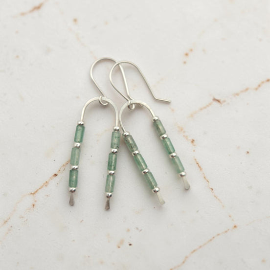 silver wishbone style earrings featuring green aventurine gemstone beads
