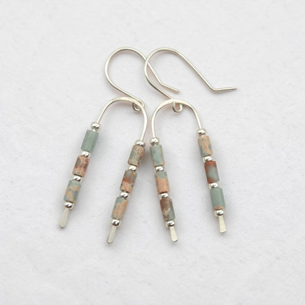 silver wishbone earrings with blue and tan aqua terra jasper gemstone beads