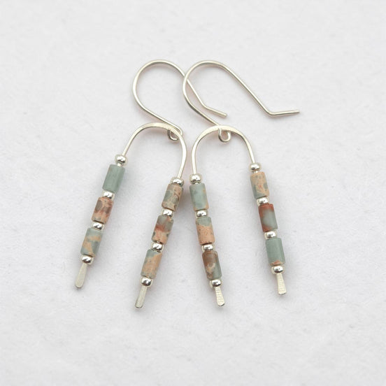 silver wishbone earrings with blue and tan aqua terra jasper gemstone beads