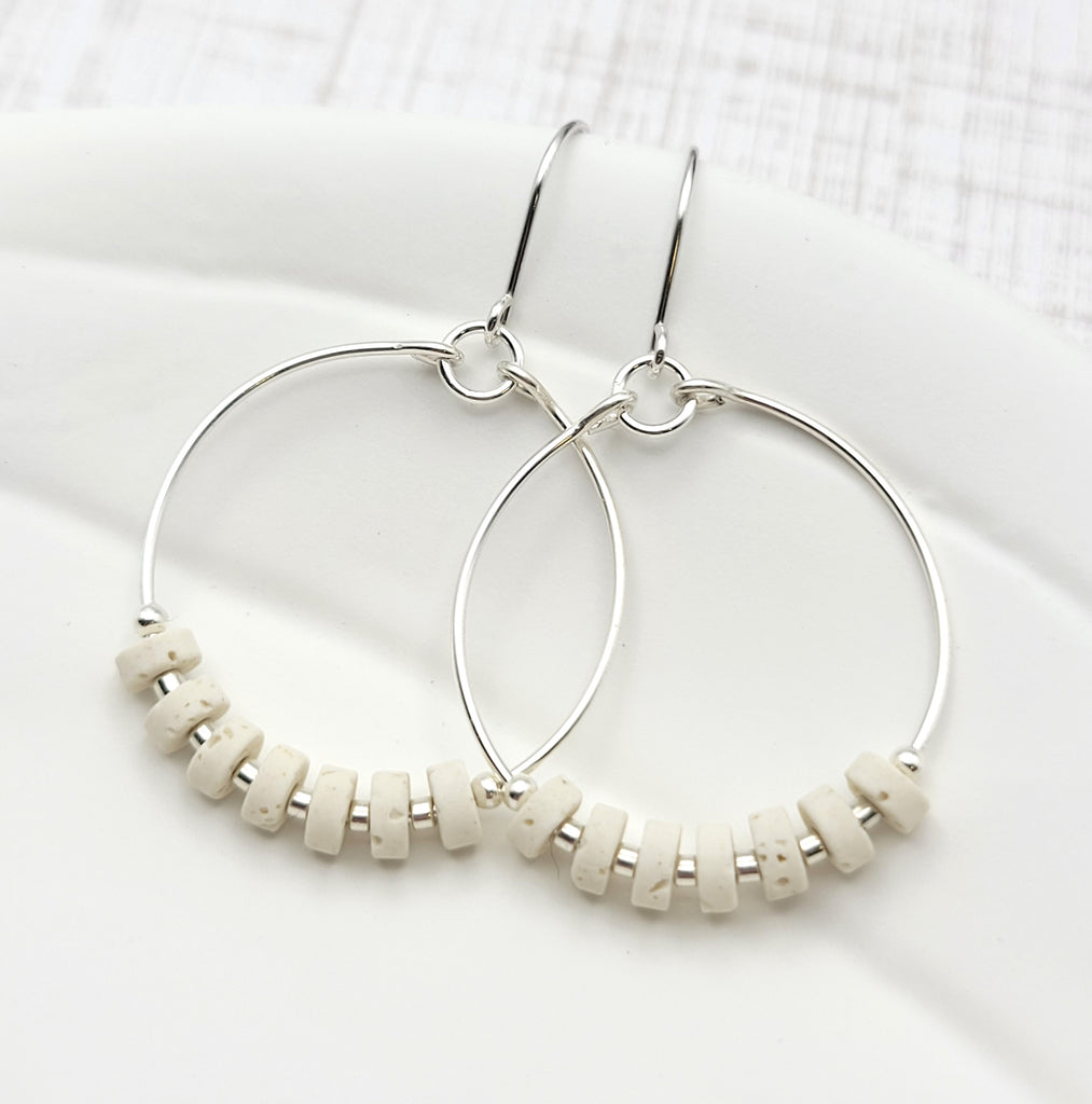 Boho - Silver & Cream Lava Stone Earrings Bijou by SAM   