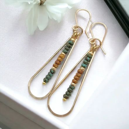 Harley Long Gold Hoops with Green and Tan Beads