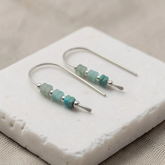 Pair of earrings with turquoise beads on a white stone surface