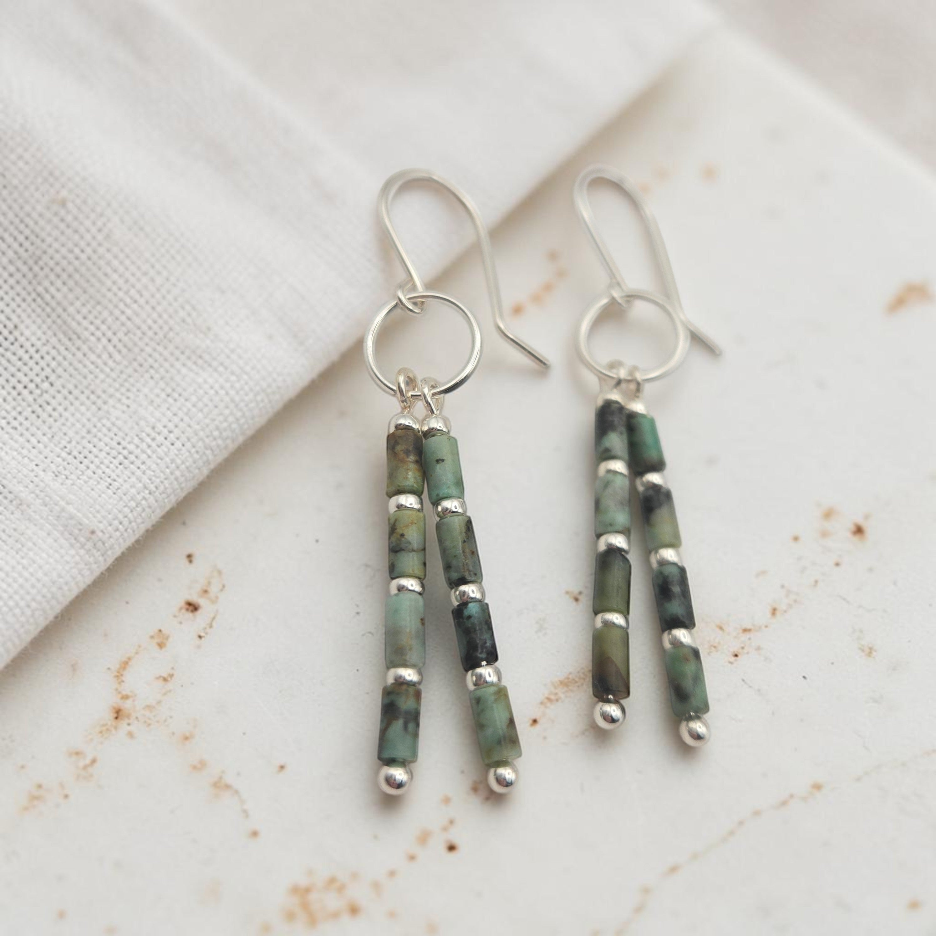 Bijou by SAM Mother Earth earrings featuring African Turquoise tube beads and sterling silver hoops and spacers.
