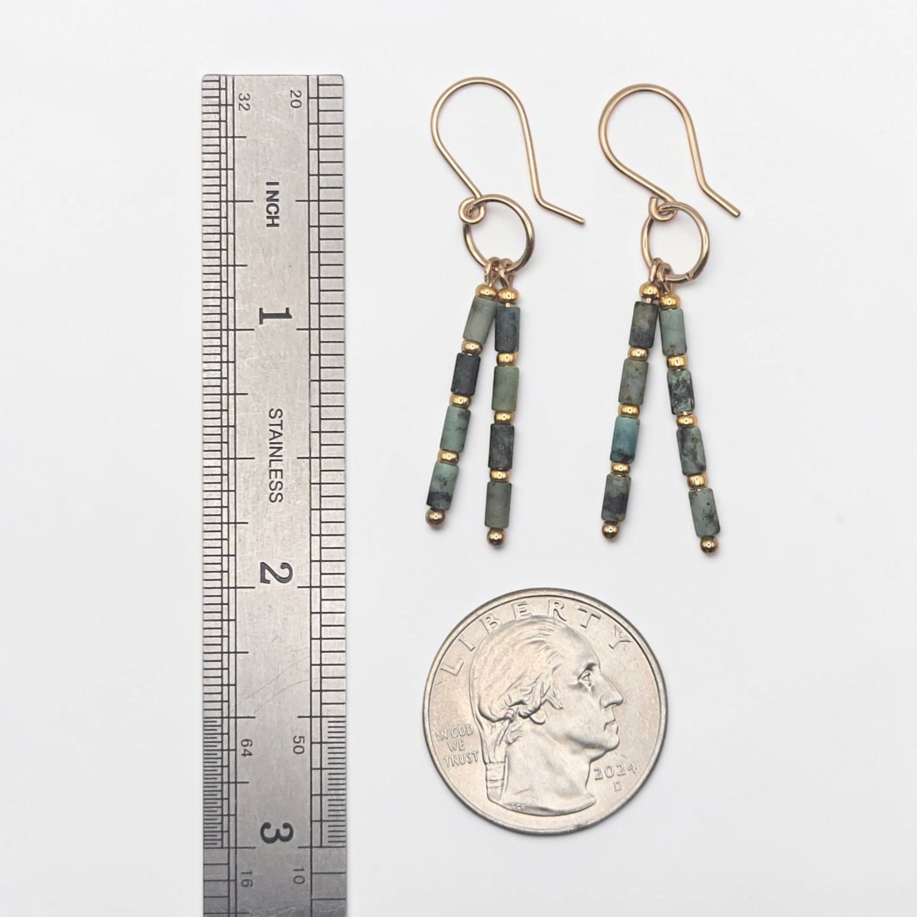 Bijou by SAM Mother Earth earrings featuring African Turquoise tube beads and gold spacers on handmade hoops.