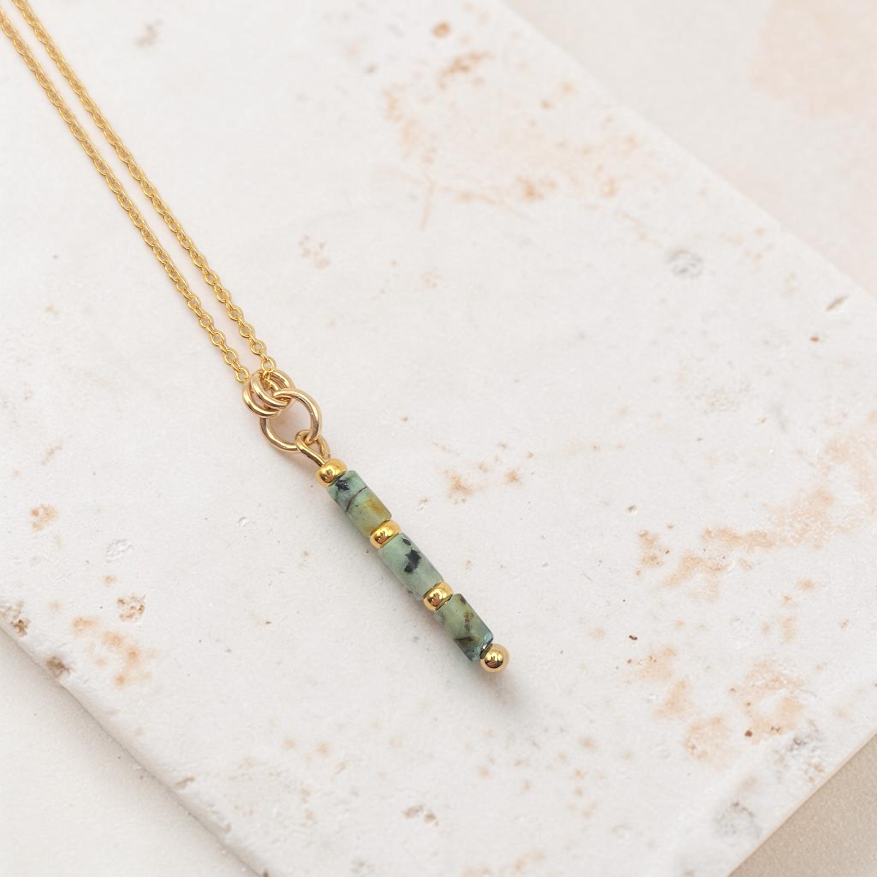 Bijou by SAM Mother Earth necklace featuring natural African Turquoise tube beads and 14k gold fill chain.