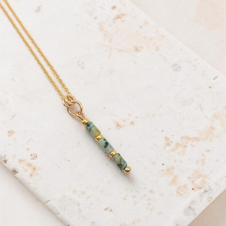 Bijou by SAM Mother Earth necklace featuring natural African Turquoise tube beads and 14k gold fill chain.