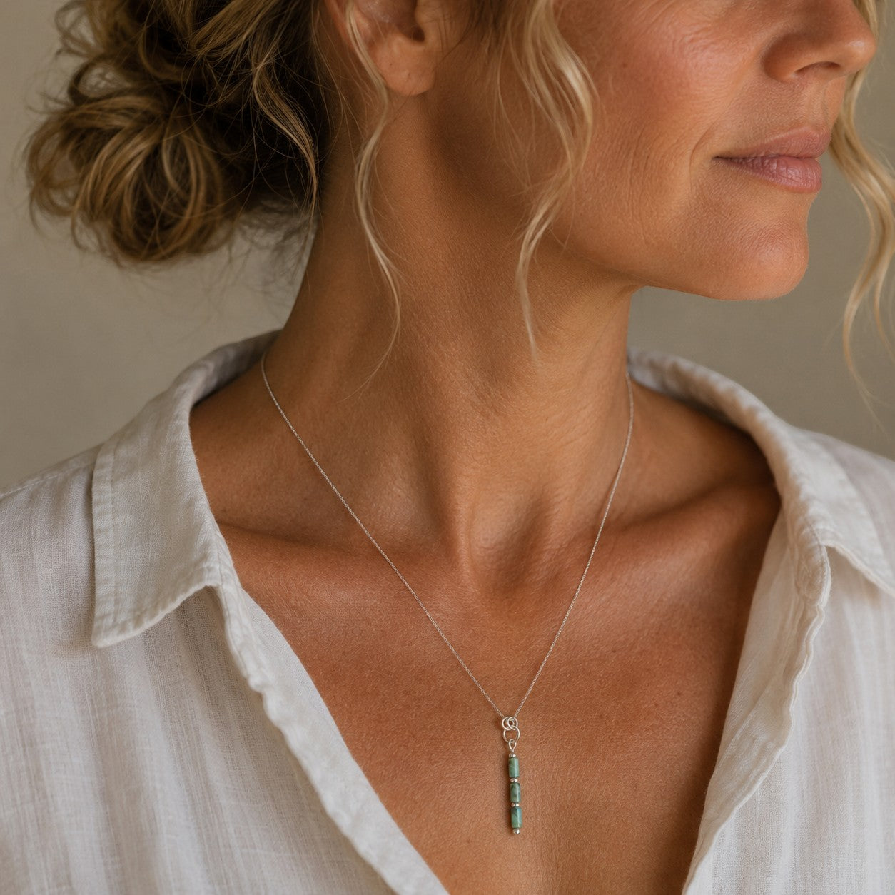 Bijou by SAM Mother Earth necklace featuring a natural African Turquoise tube bead on a delicate sterling silver chain