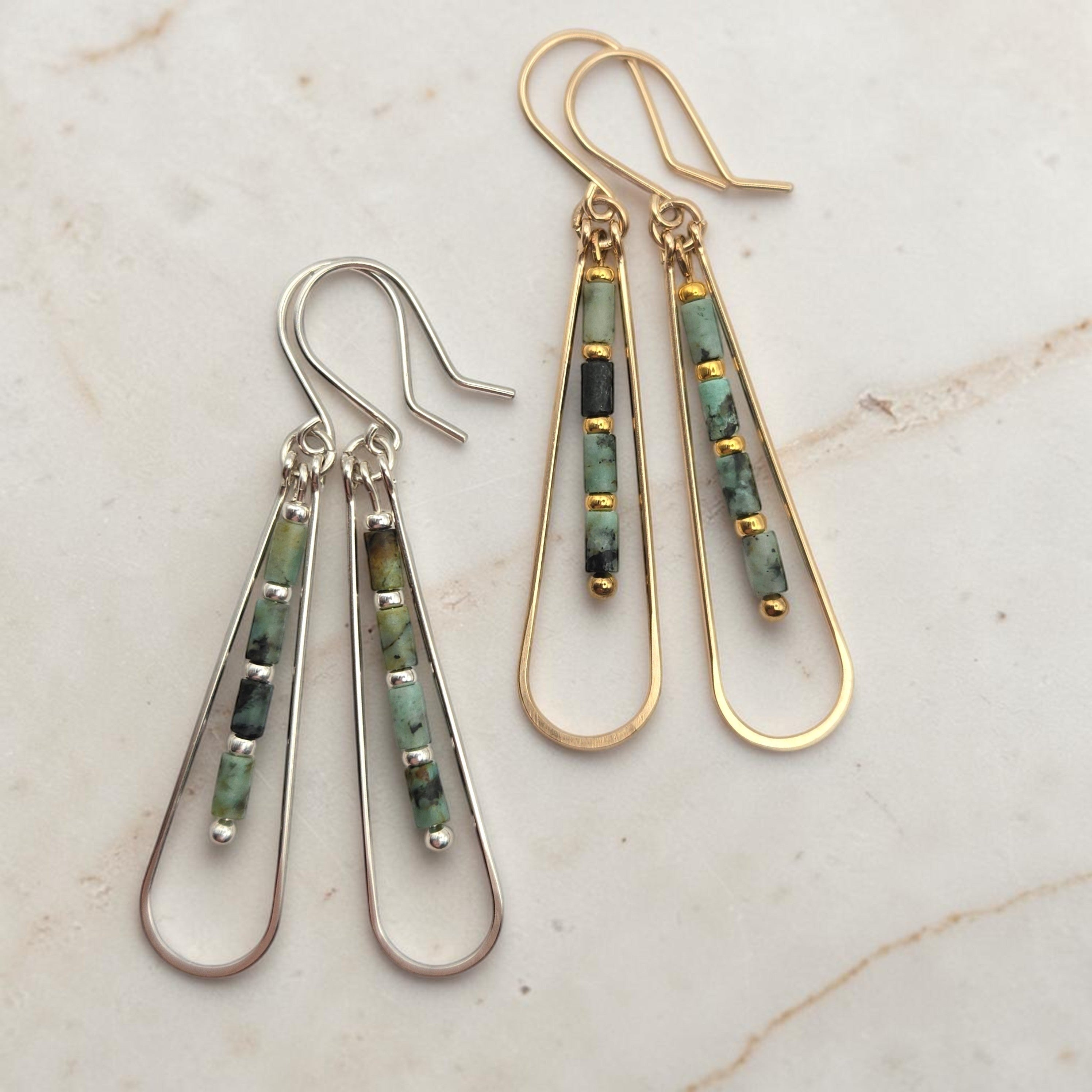 Bijou by SAM Mother Earth teardrop hoop earrings with African Turquoise tube beads in gold fill and sterling silver.