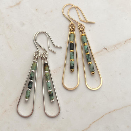 Bijou by SAM Mother Earth teardrop hoop earrings with African Turquoise tube beads in gold fill and sterling silver.