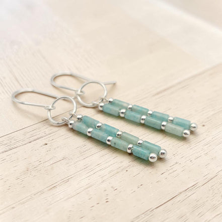 Bijou by SAM River Stone dangle earrings featuring natural Amazonite tube beads and Argentium Sterling Silver hoops.