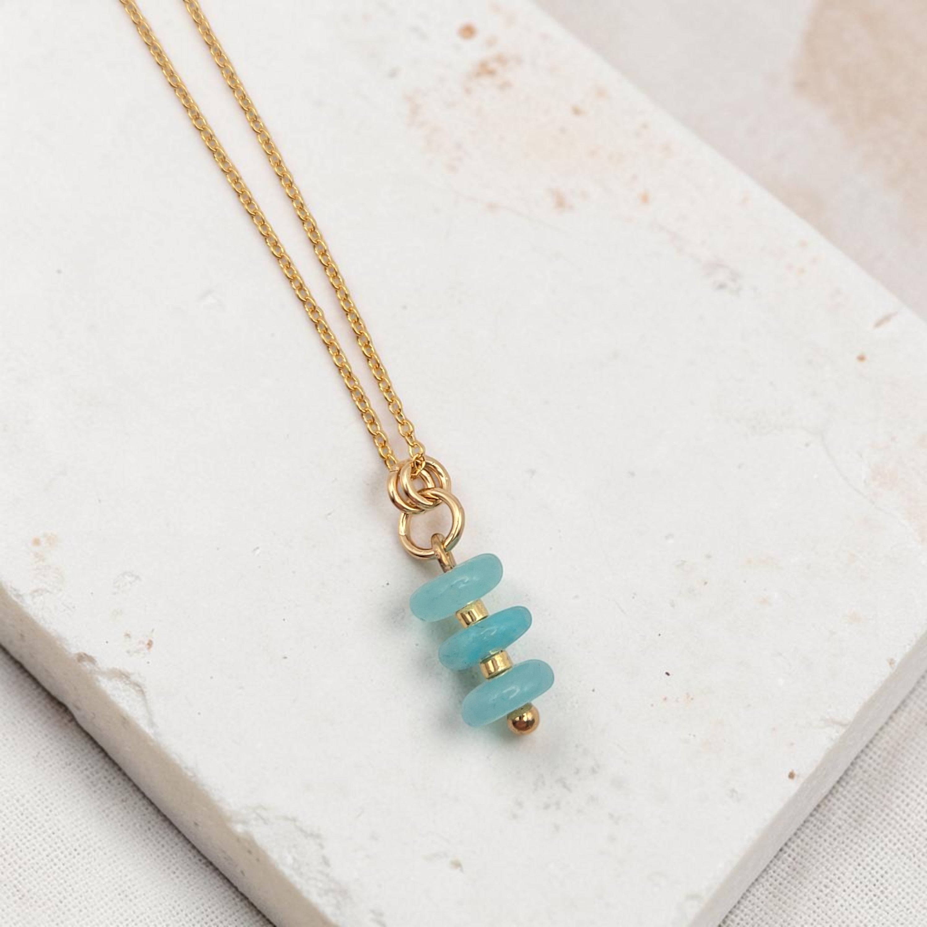 Bijou by SAM Northern Lights necklace featuring three aqua-green amazonite stones on a delicate 14k gold fill chain.