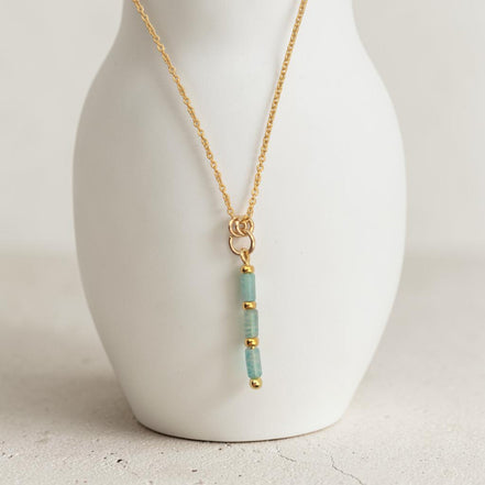 Bijou by SAM River Stone Necklace featuring natural Amazonite tube beads on a delicate 14k gold fill chain.