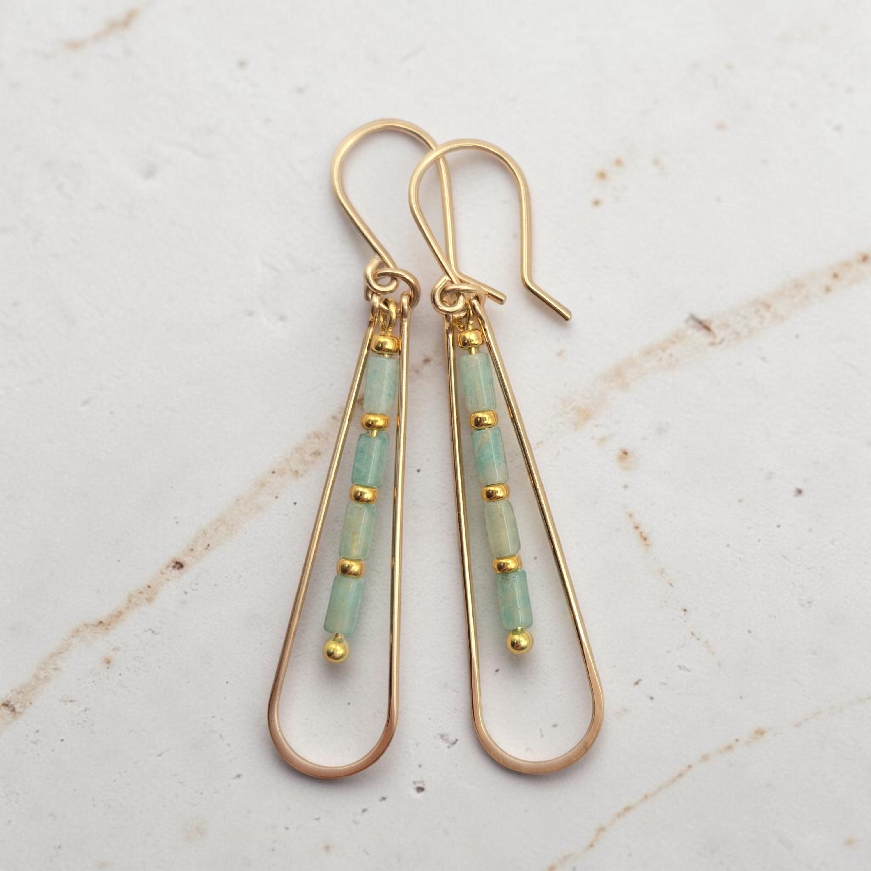 Bijou by SAM River Stone teardrop earrings featuring natural Amazonite tube beads and 14k gold fill hoops.