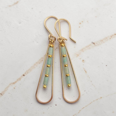 Bijou by SAM River Stone teardrop earrings featuring natural Amazonite tube beads and 14k gold fill hoops.