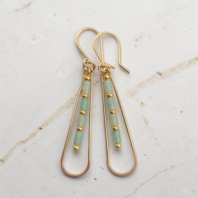Bijou by SAM River Stone teardrop earrings featuring natural Amazonite tube beads and 14k gold fill hoops.
