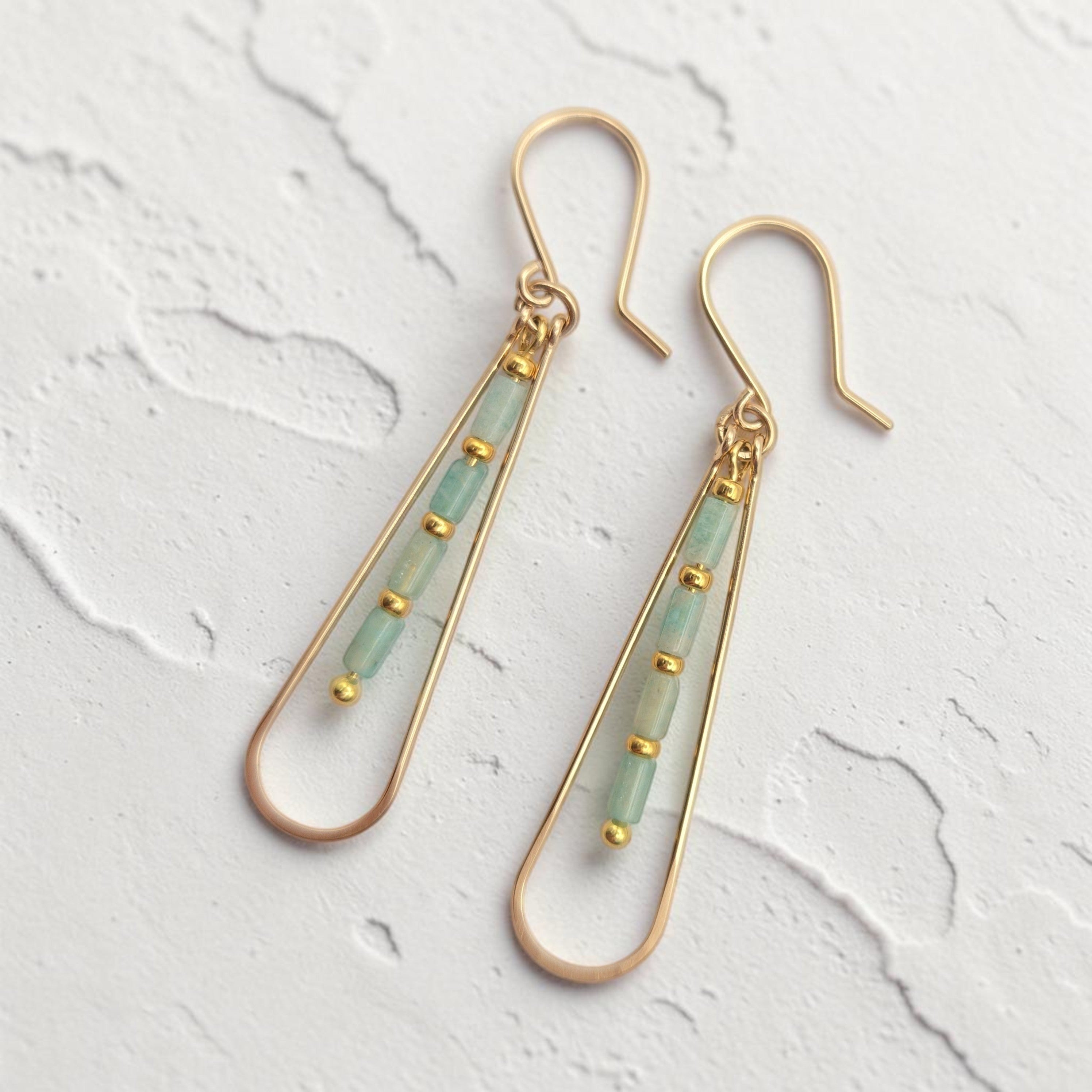 Bijou by SAM River Stone teardrop earrings featuring natural Amazonite tube beads and 14k gold fill hoops.
