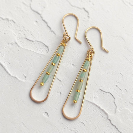 Bijou by SAM River Stone teardrop earrings featuring natural Amazonite tube beads and 14k gold fill hoops.