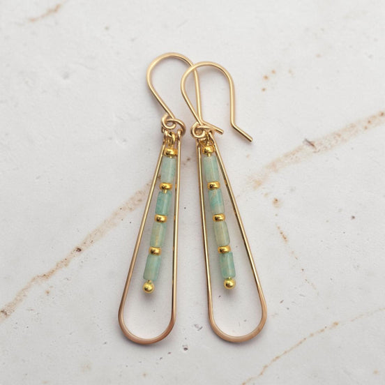 Bijou by SAM River Stone teardrop earrings featuring natural Amazonite tube beads and 14k gold fill hoops.