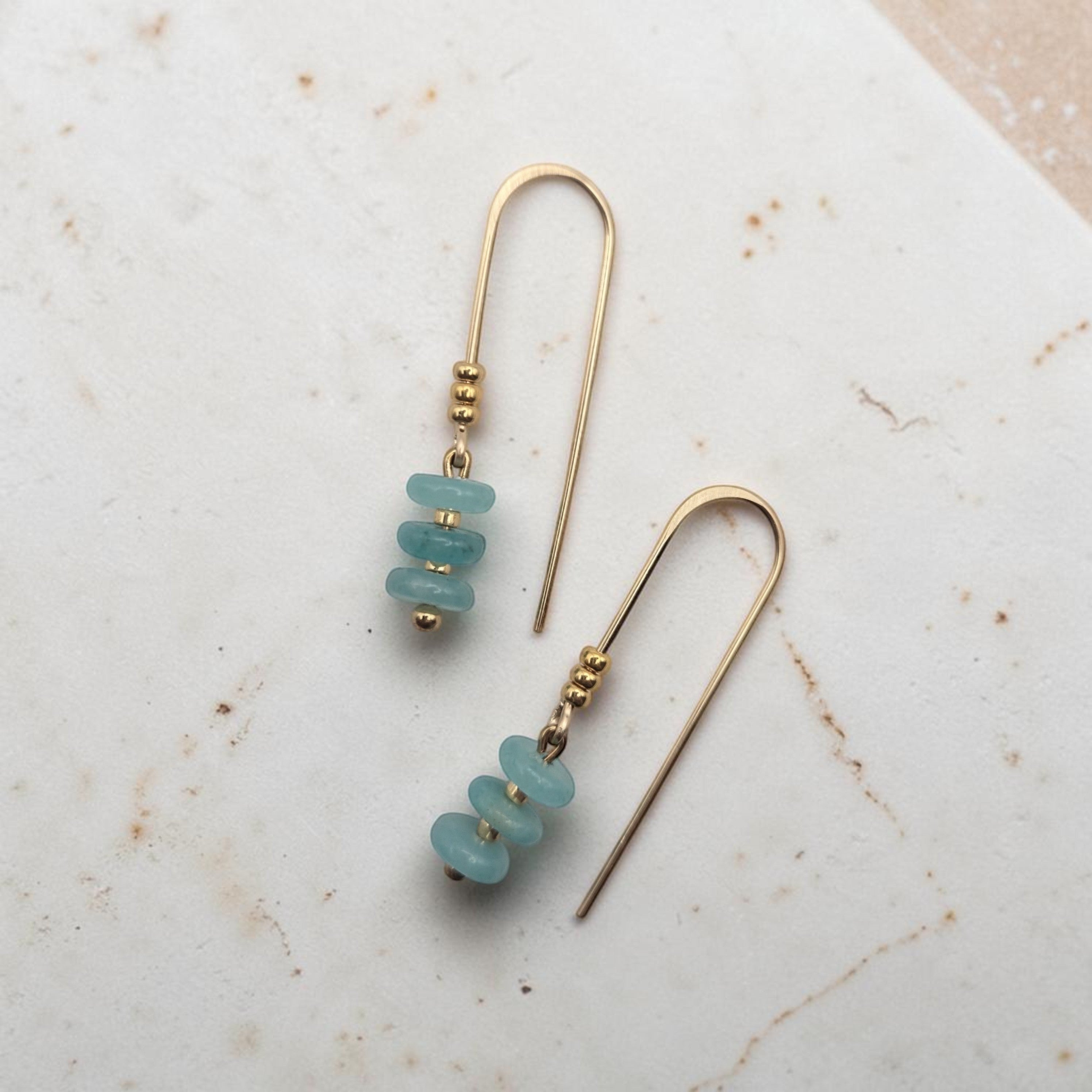 Bijou by SAM Northern Lights threader earrings featuring aqua-green amazonite beads on 14k gold fill wire.