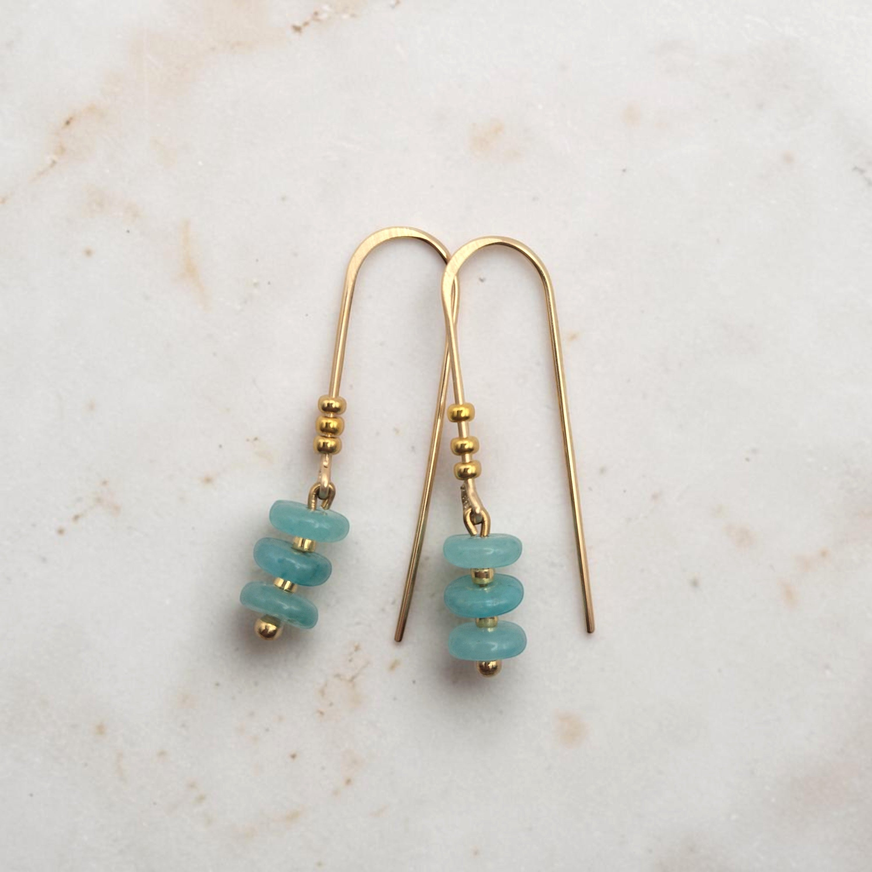 Bijou by SAM Northern Lights threader earrings featuring aqua-green amazonite beads on 14k gold filled wire.
