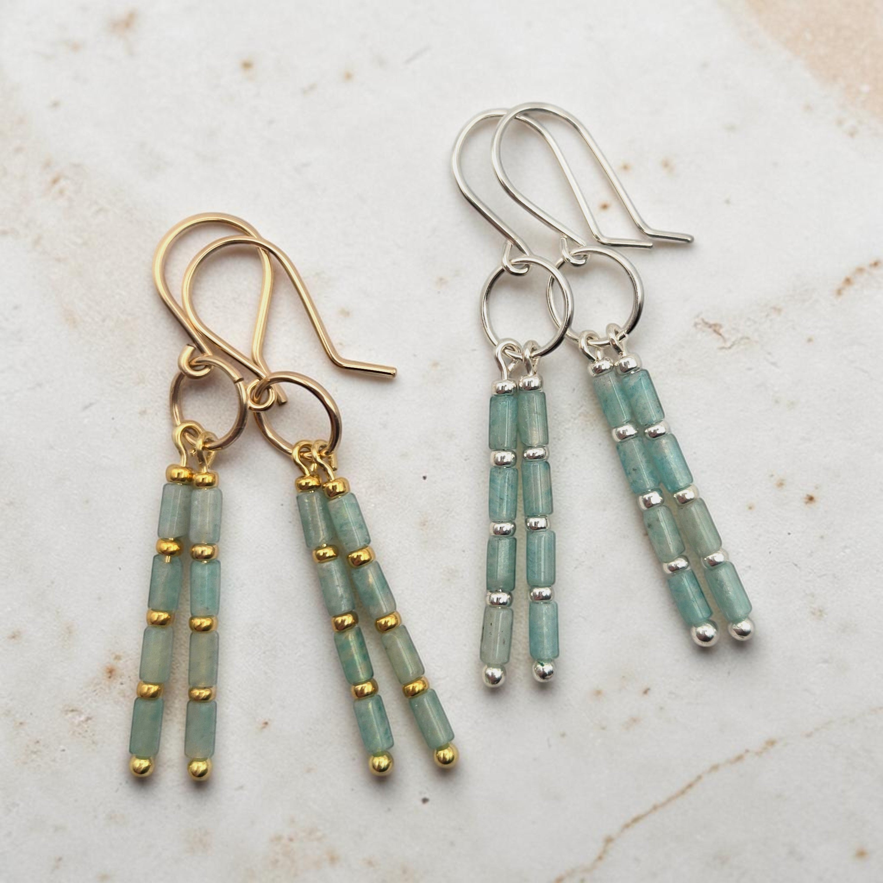 Bijou by SAM River Stone dangle earrings featuring natural Amazonite tube beads in 14k gold fill and sterling silver.