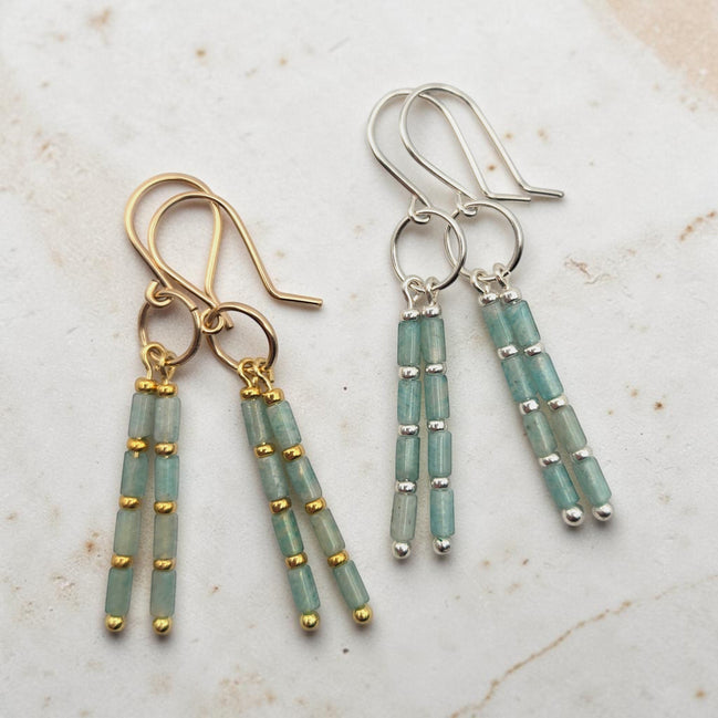 Bijou by SAM River Stone dangle earrings featuring natural Amazonite tube beads in 14k gold fill and sterling silver.