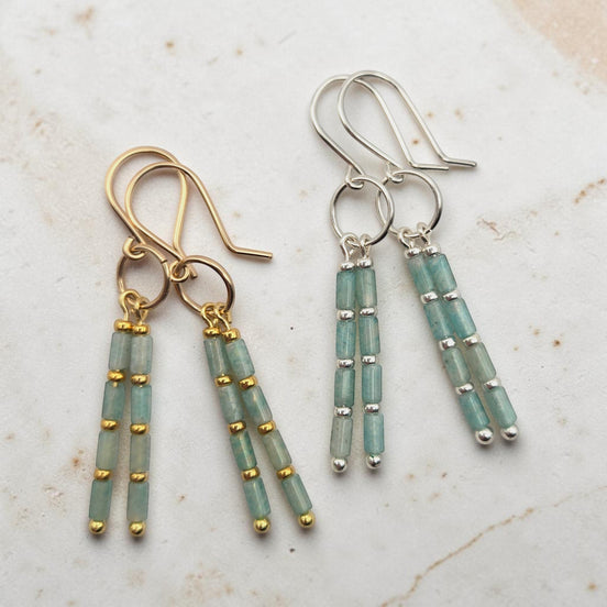 Bijou by SAM River Stone dangle earrings featuring natural Amazonite tube beads in 14k gold fill and sterling silver.