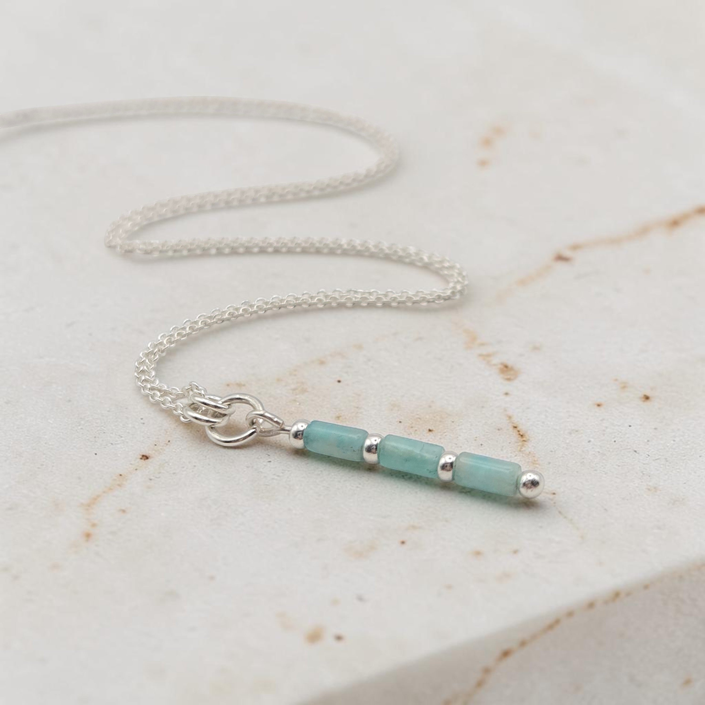 Bijou by SAM River Stone Necklace with natural blue-green Amazonite tube beads on a delicate sterling silver chain.