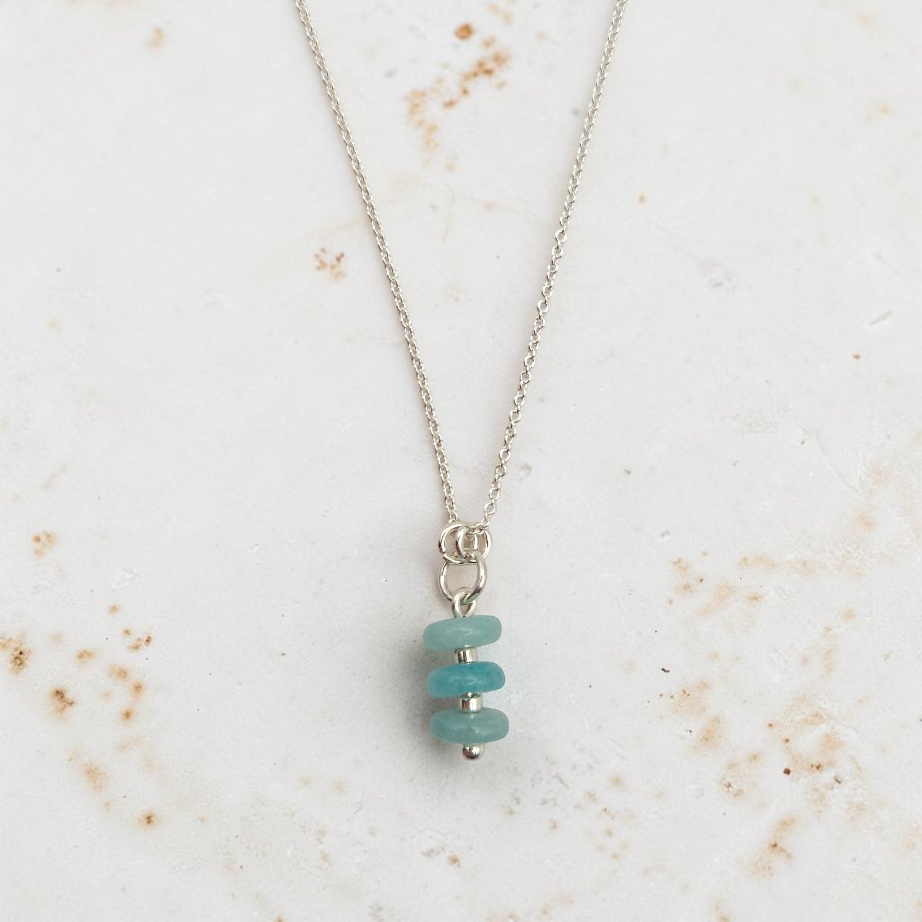 Bijou by SAM Northern Lights necklace featuring three aqua-green amazonite stones on a delicate sterling silver chain.