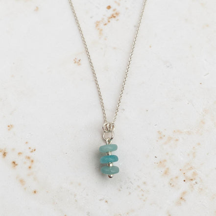 Bijou by SAM Northern Lights necklace featuring three aqua-green amazonite stones on a delicate sterling silver chain.
