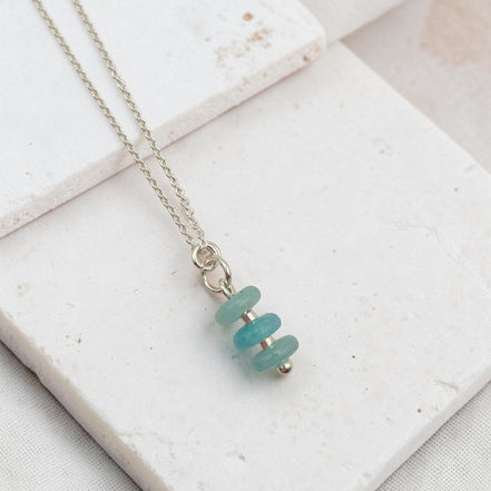 Bijou by SAM Northern Lights necklace featuring three aqua-green amazonite stones on a delicate sterling silver chain.
