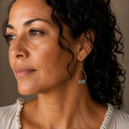 Bijou by SAM Northern Lights teardrop hoop earrings featuring aqua-green amazonite stones worn by a woman.