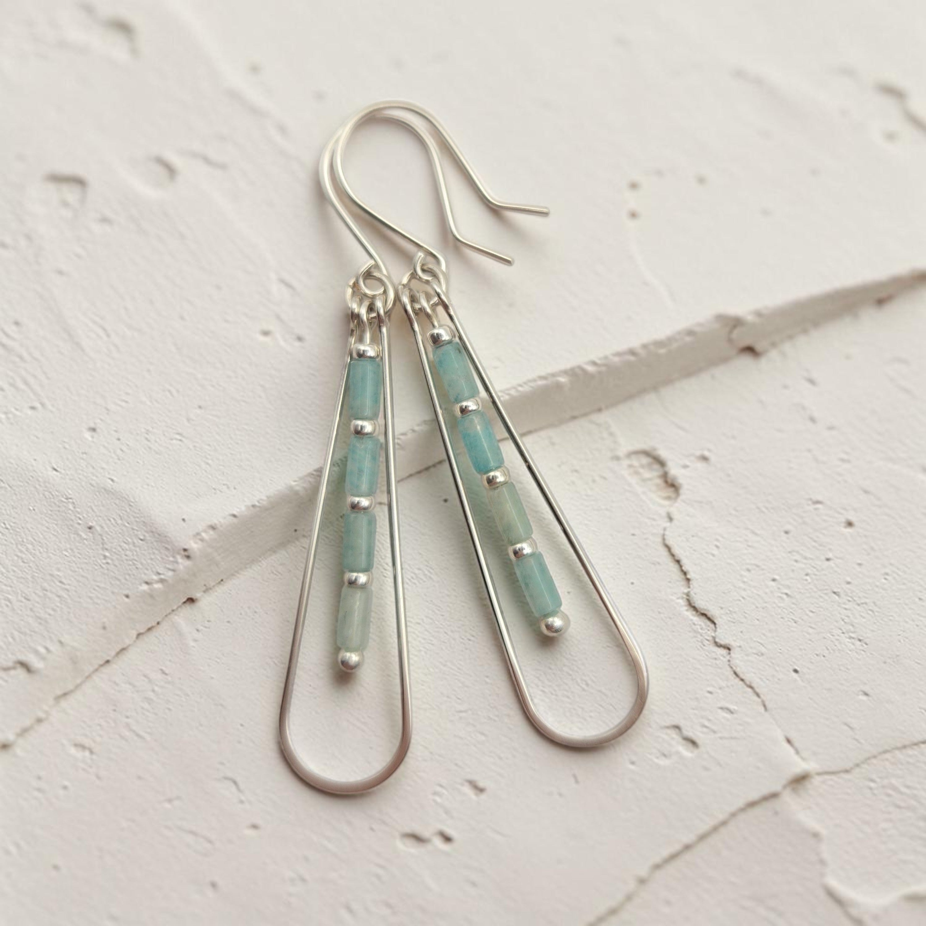 Bijou by SAM River Stone teardrop earrings featuring light blue Amazonite tube beads in Argentium Sterling Silver hoops.