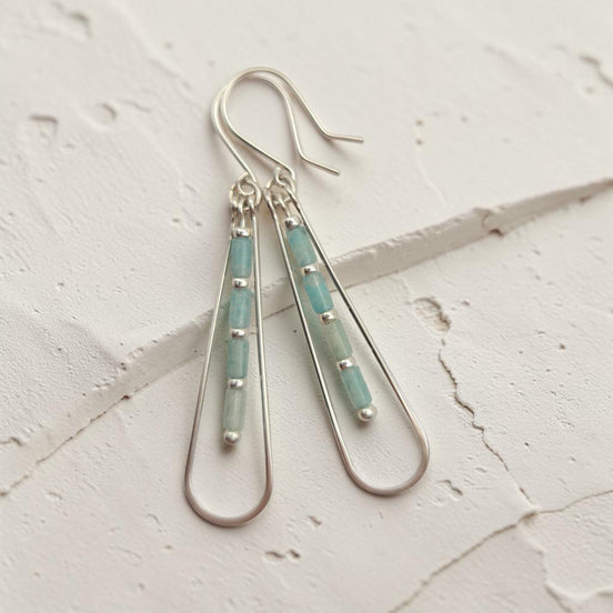 Bijou by SAM River Stone teardrop earrings featuring light blue Amazonite tube beads in Argentium Sterling Silver hoops.