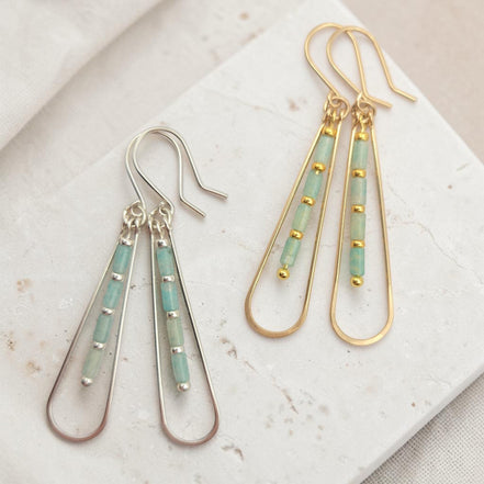 Bijou by SAM River Stone teardrop earrings with Amazonite tube beads in 14k gold fill and Argentium sterling silver.