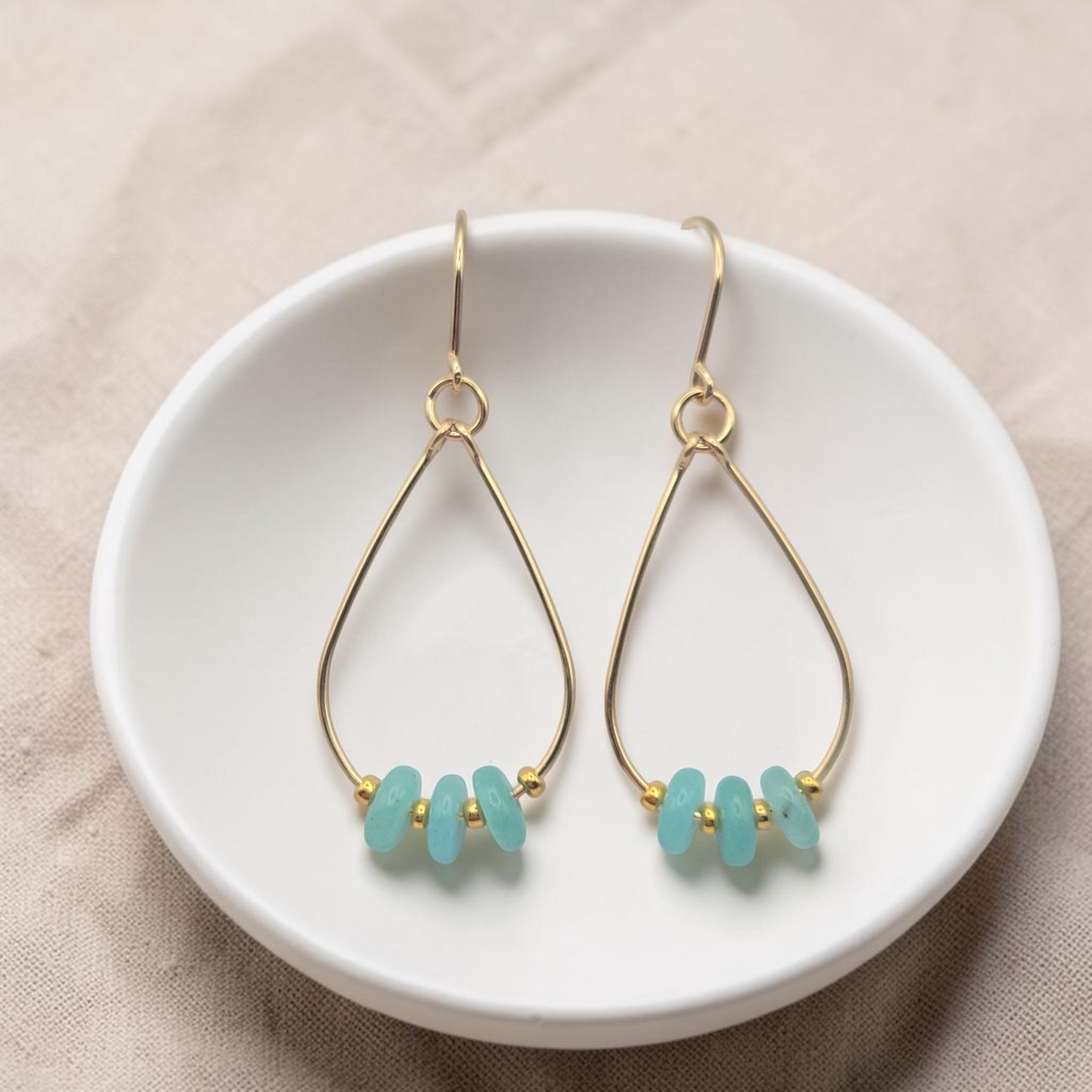 Bijou by SAM Northern Lights teardrop hoop earrings featuring aqua-green amazonite beads on 14k gold fill wire.
