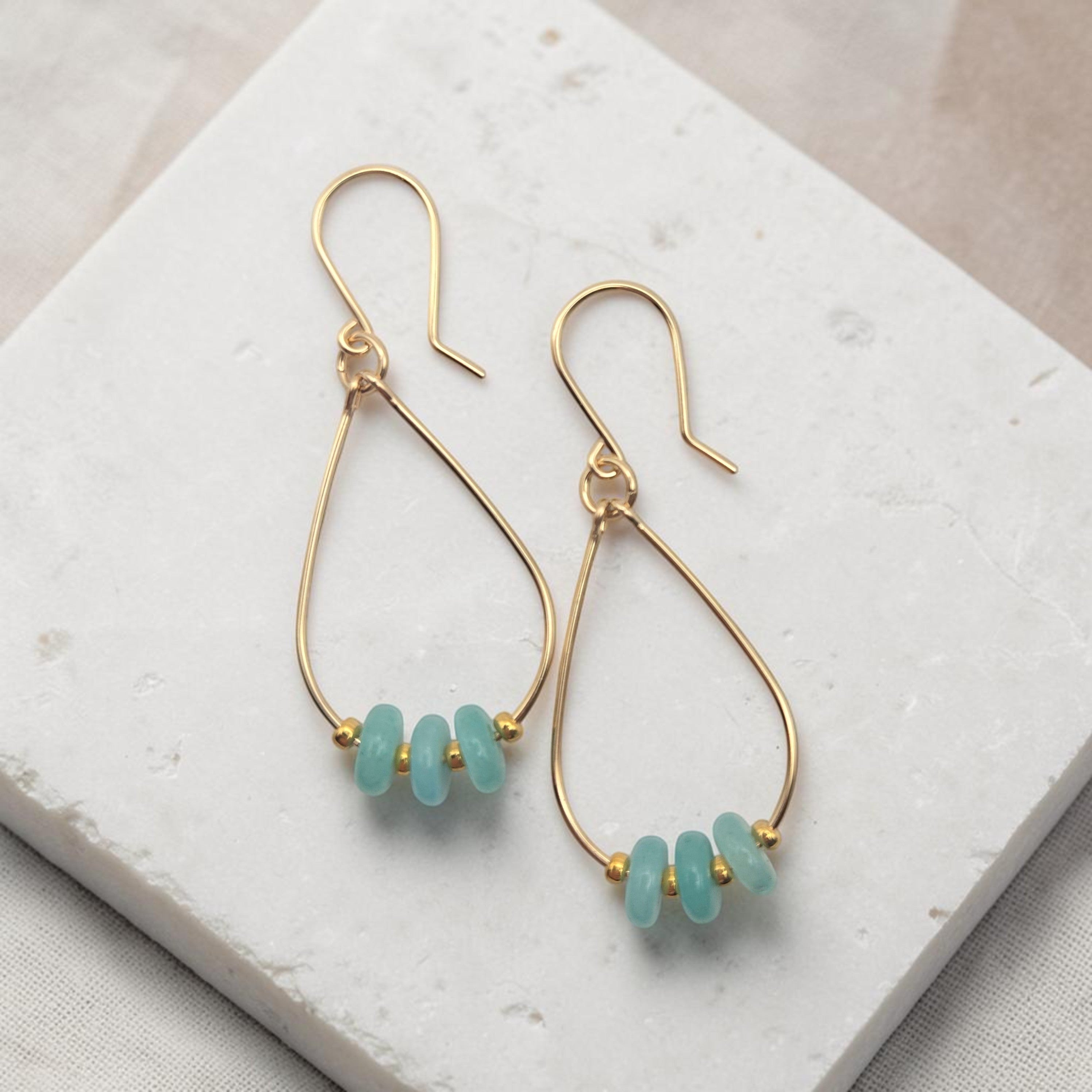 Bijou by SAM Northern Lights teardrop hoop earrings featuring aqua-green amazonite stones on 14k gold fill wire.