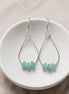Bijou by SAM teardrop hoop earrings featuring aqua-green amazonite stones on sterling silver wires in a white bowl.