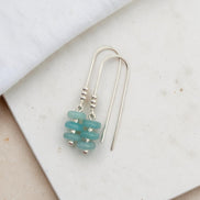 Bijou by SAM handmade sterling silver threader earrings featuring soft aqua-green amazonite beads on a white surface.