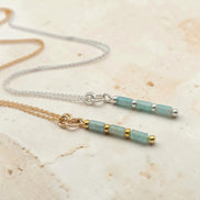 Bijou by SAM River Stone necklaces featuring natural blue-green Amazonite tube beads in 14k gold fill and sterling silver