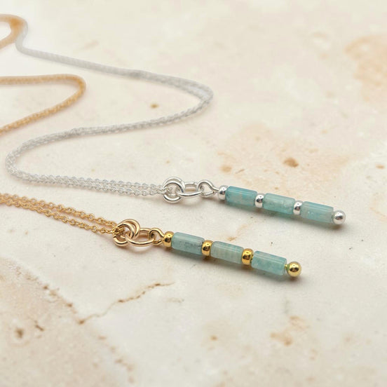 Bijou by SAM River Stone necklaces featuring natural blue-green Amazonite tube beads in 14k gold fill and sterling silver