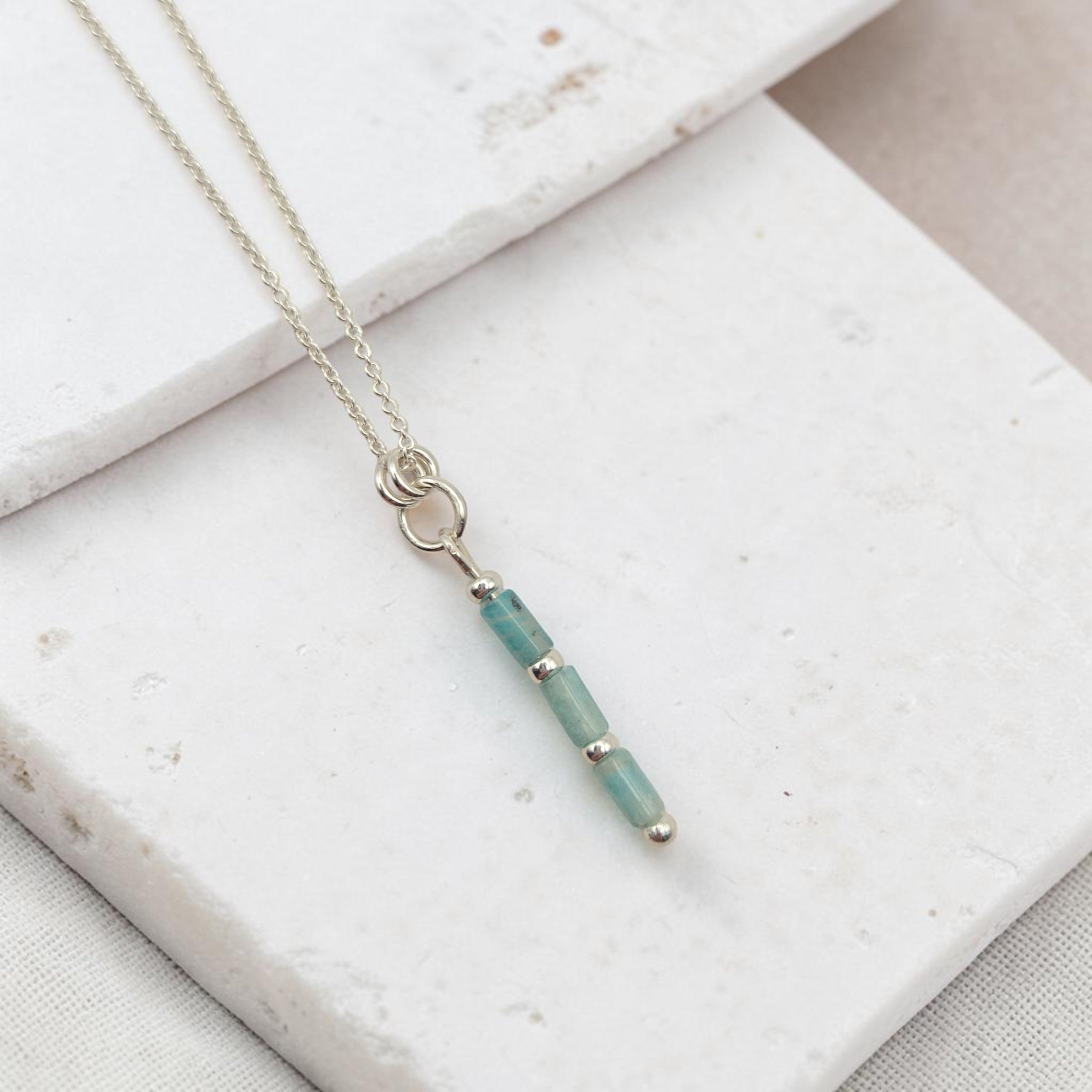 Bijou by SAM River Stone necklace featuring natural blue-green Amazonite tube beads on a delicate sterling silver chain.